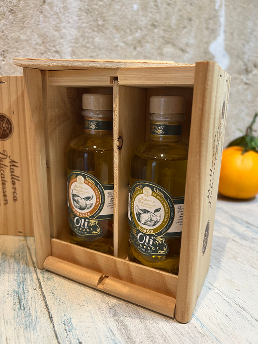Geschenkbox "Mediterranes Olivenöl-Duo" – in Holzkiste - Majovida Islas Baleares S.L.