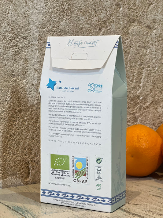 Rückseite der Verpackung des Zitronenverbene Tees von T’Estim, Majovida Islas Baleares SL