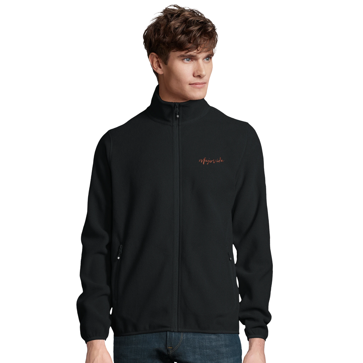 Majovida Fleecejacke Schwarz mit orangem Schriftzug gestickt