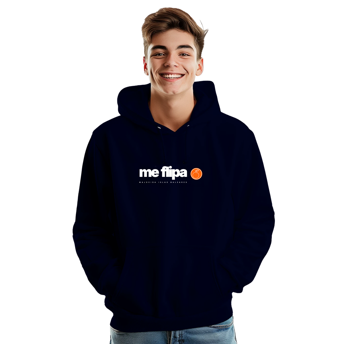 Majovida Hoodie „me flipa“ in Oxford Navy, Vorderansicht getragen