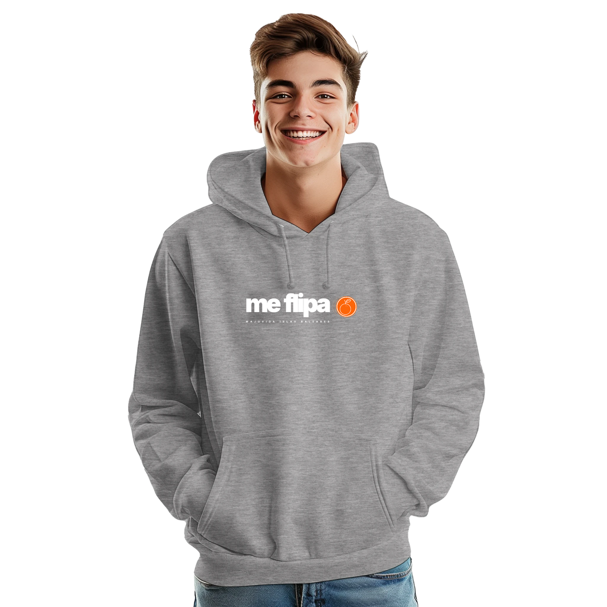 Majovida Hoodie „me flipa“ in Heather Grey, Vorderansicht getragen