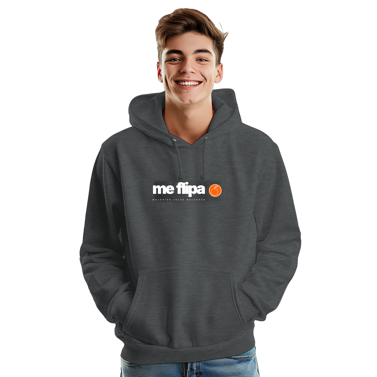 Majovida Hoodie „me flipa“ in Charcoal, Vorderansicht getragen