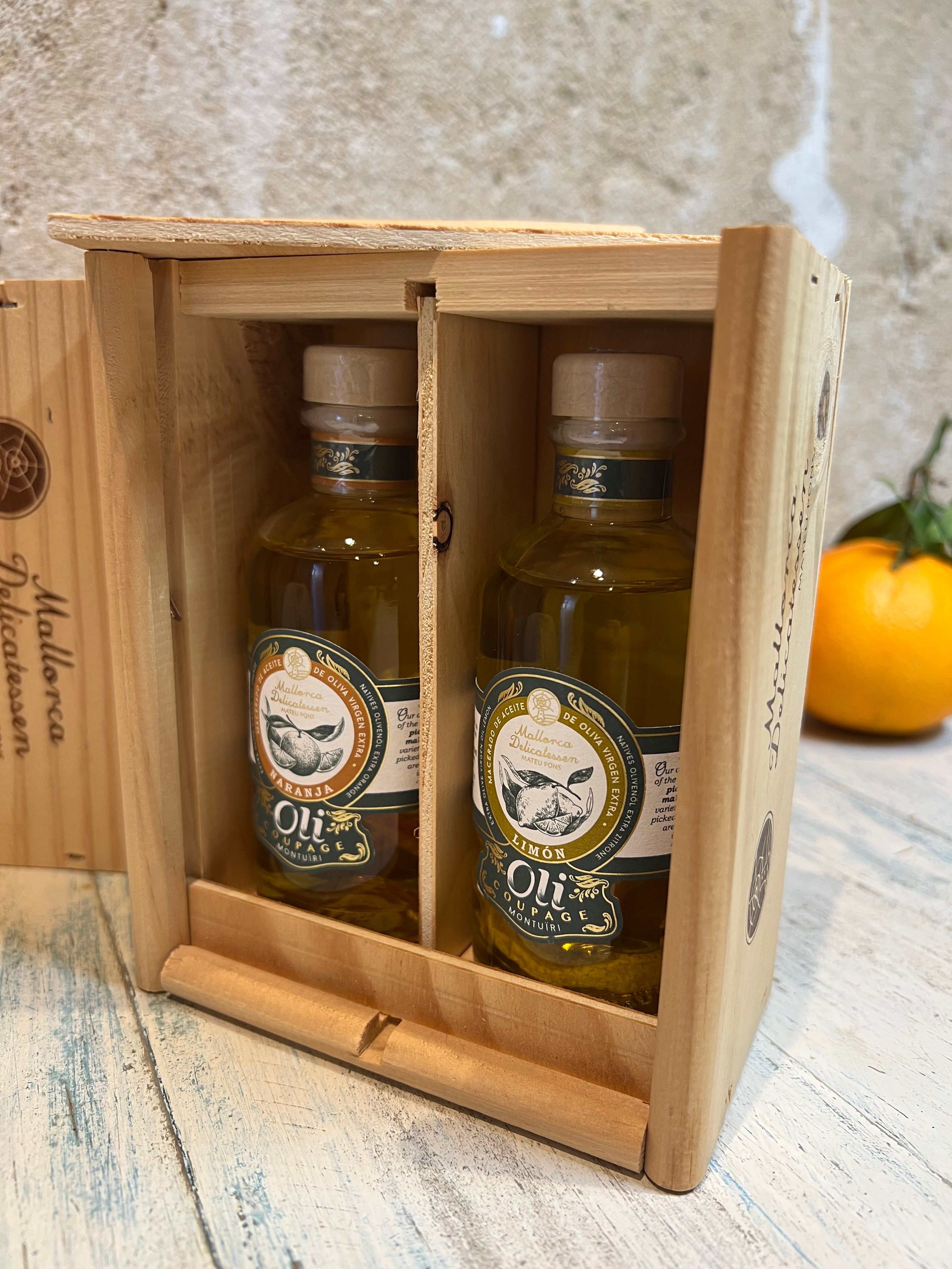 Geschenkbox "Mediterranes Olivenöl-Duo" – in Holzkiste - Majovida Islas Baleares S.L.