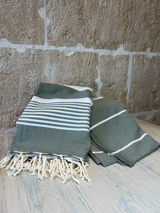 Beach Towel &amp; Throw Blanket – Olive Green &amp; White (200 × 200 cm)