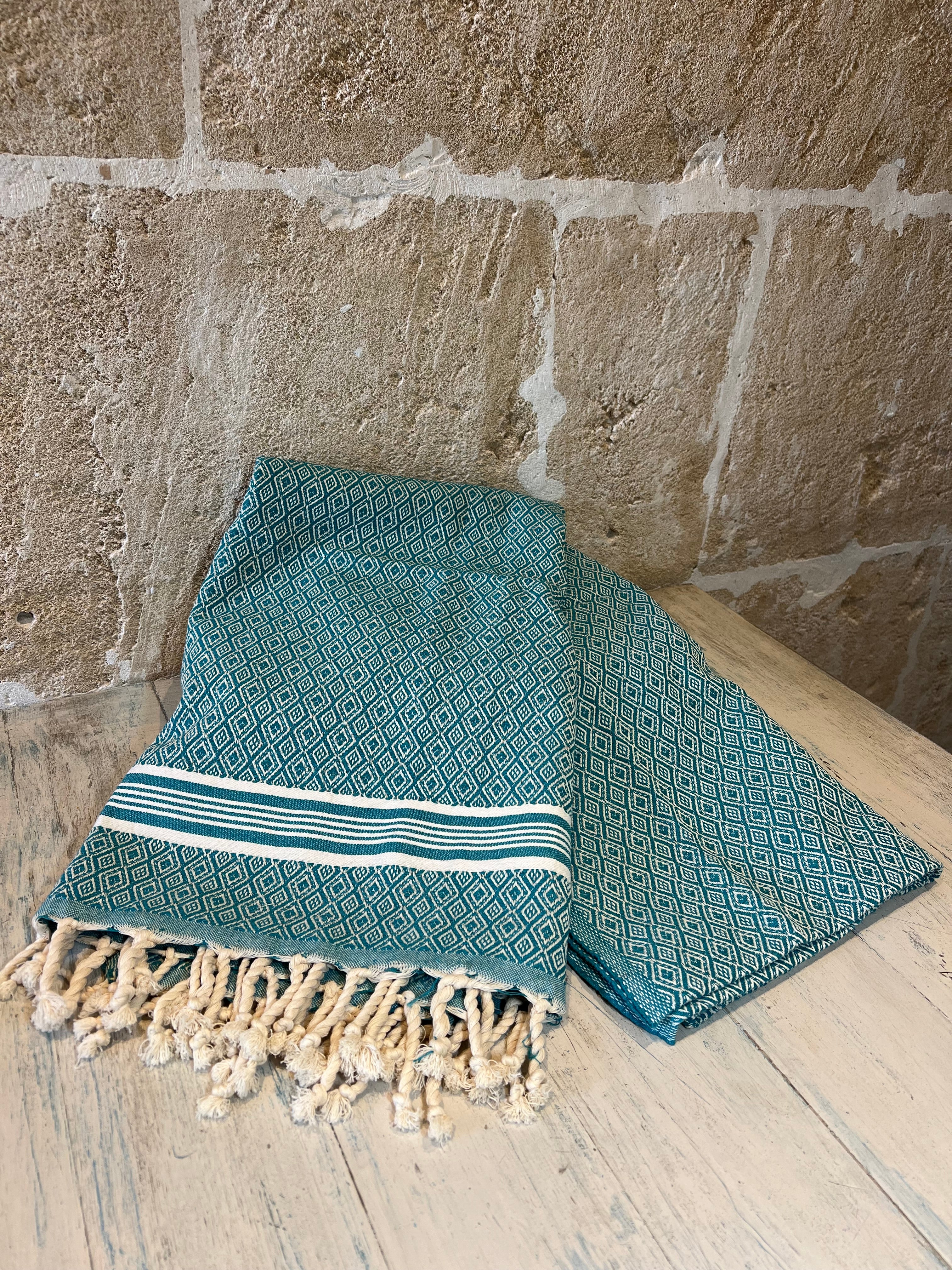 Strandtuch – Türkis & Weiß gestreift (200 × 100 cm) - Majovida Islas Baleares S.L.