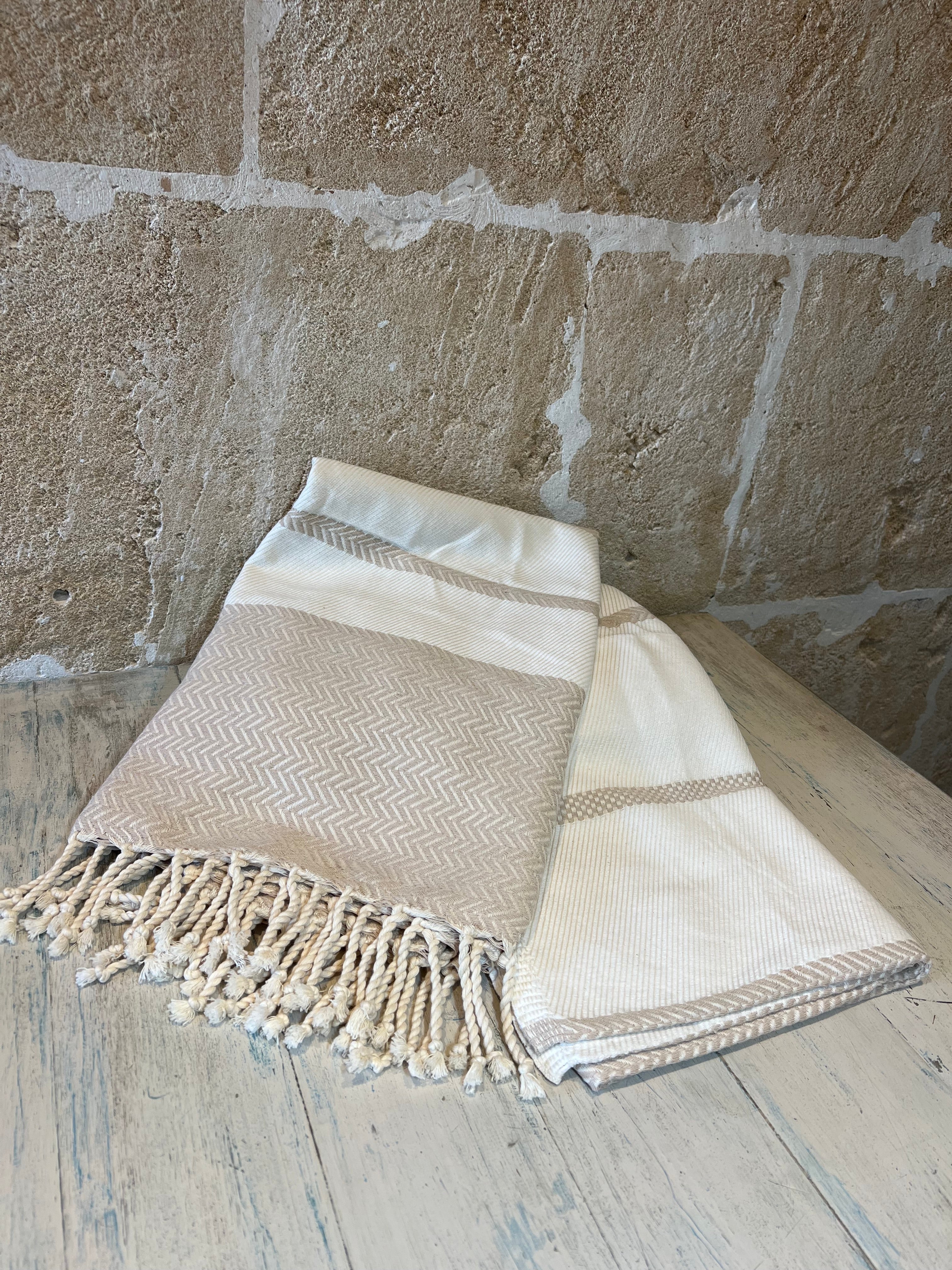 Strandtuch – Beige & Weiß (200 × 100 cm) - Majovida Islas Baleares S.L.