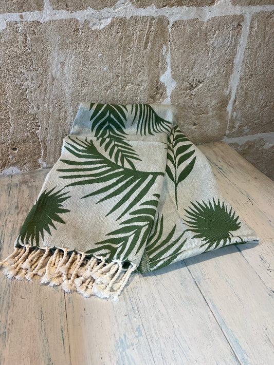 Beach towel Fouta Amazonia – Palm green &amp; natural (200 × 100 cm)
