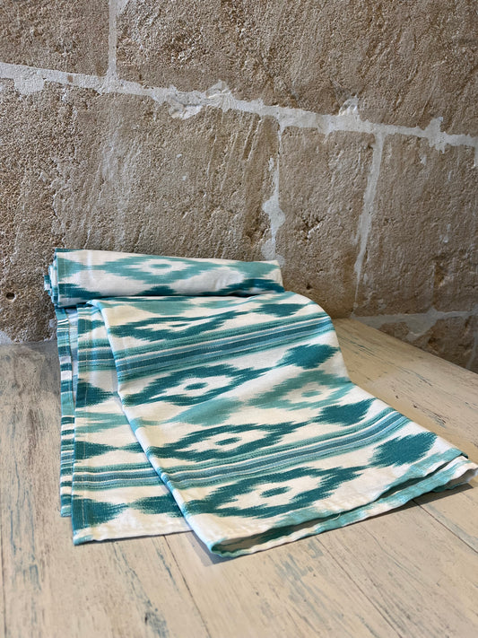 Ikat Tablecloth – Turquoise &amp; White (approx. 135 × 170 cm)