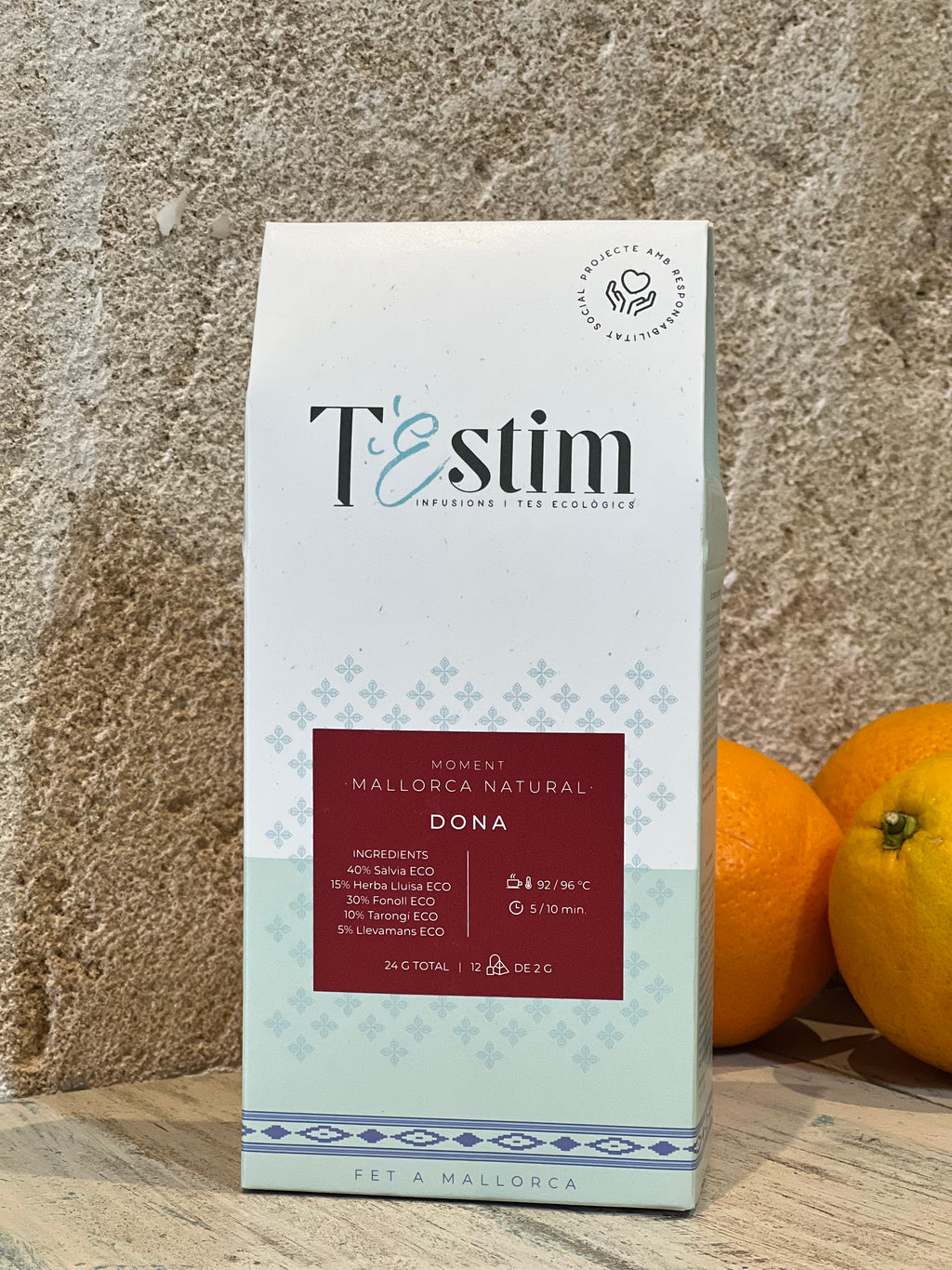 Verpackung vorderseite Dona Tee von Testim, Majovida Islas Baleares SL