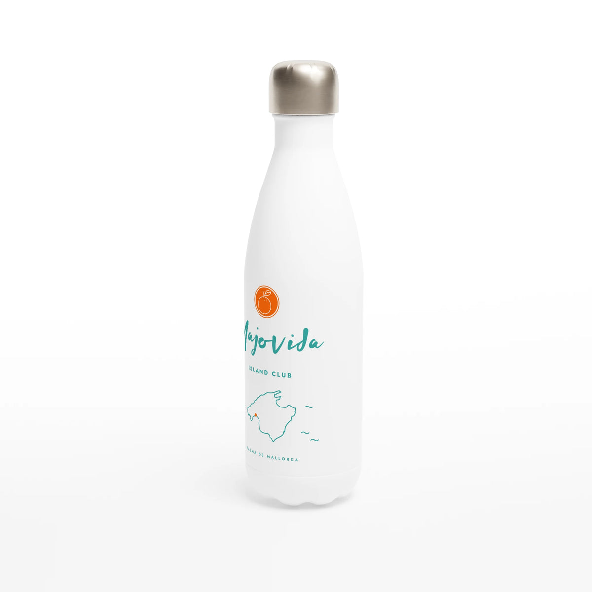 Majovida Island Club Trinkflasche 500 ml – Ansicht mit orangem Majovida-Logo