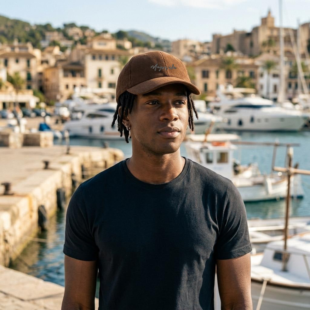 Mann mit Majovida Cord Cap in Camel am Hafen auf Mallorca