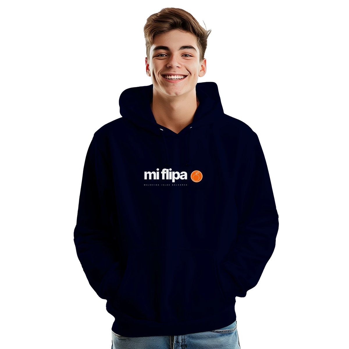 Majovida Hoodie „mi flipa“ in Oxford Navy, Vorderansicht getragen